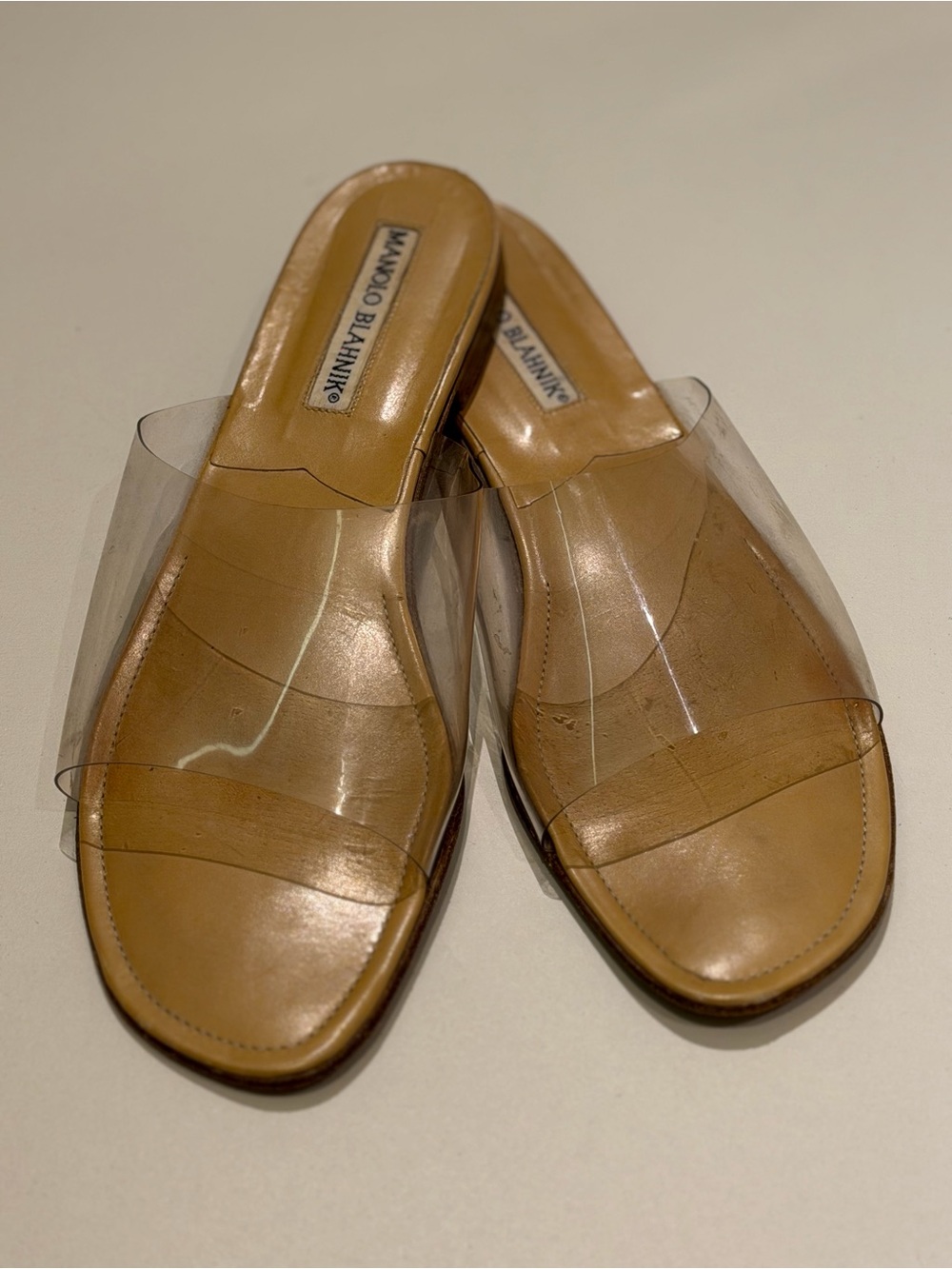 Manolo Blahnik Tan Leather Slides with Clear PVC Strap - Picture 5 of 9